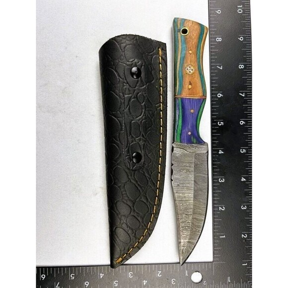 Damascus Steel Fixed Blade Knife Custom Crafted Rustic Wood Handle Blue Green 9" - Picture 3 of 3